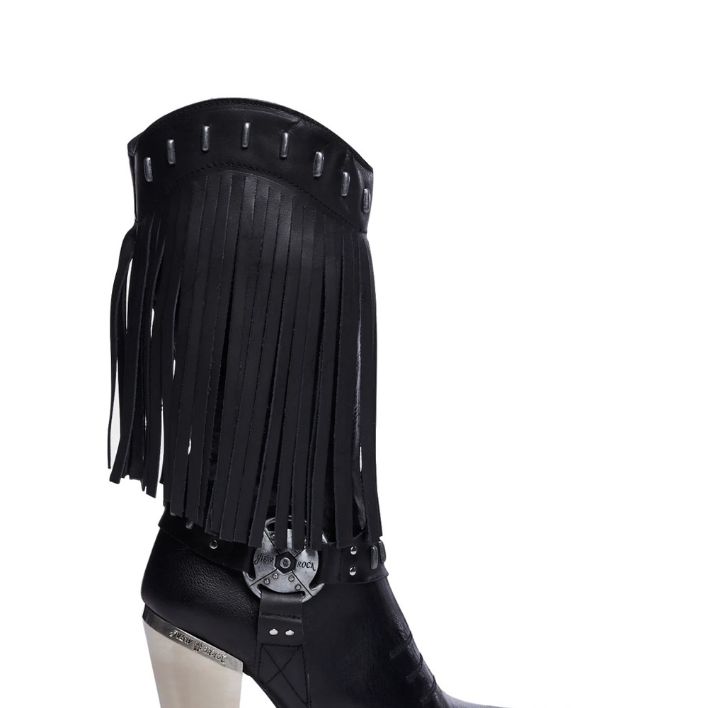 Black Heeled Boots New Rock Boots with Fringe Detail - Picture 8 of 8